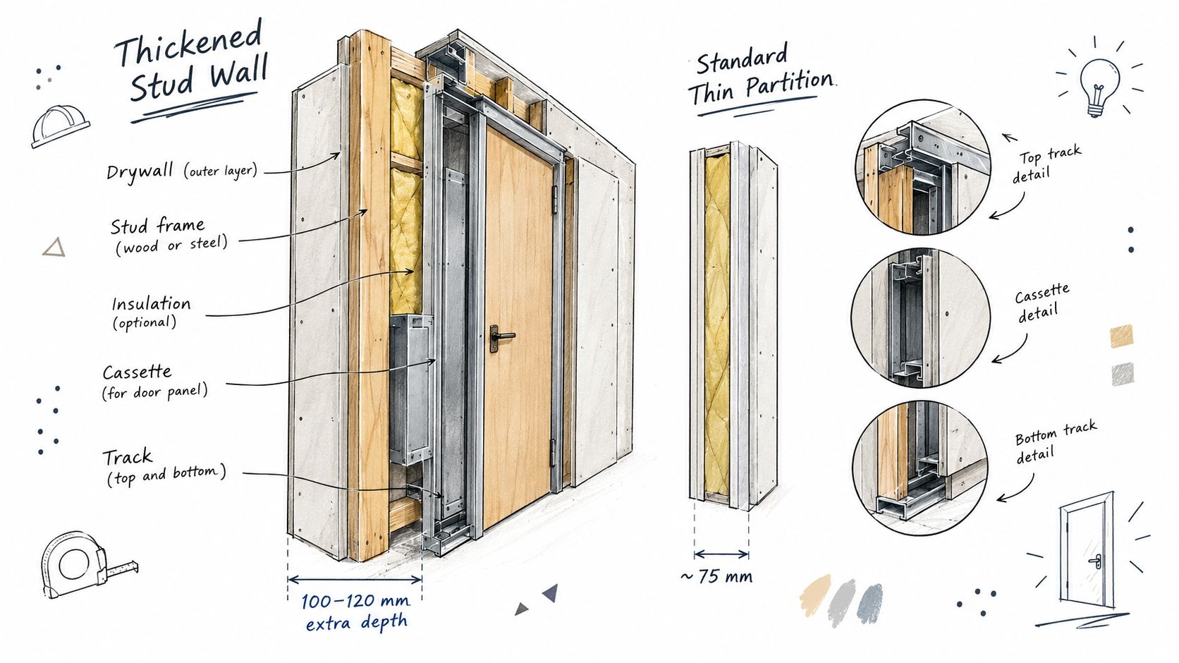 En detaljeret illustration der viser konstruktionen af en skydedør monteret i en tykkere vægkonstruktion med isolering.