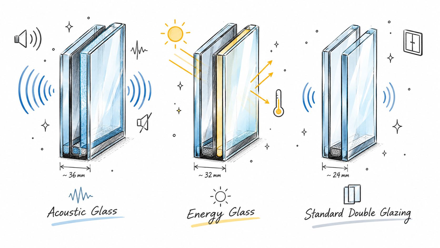 Forskellige typer vinduesglas: akustisk, energibesparende og standard dobbeltsidet.
