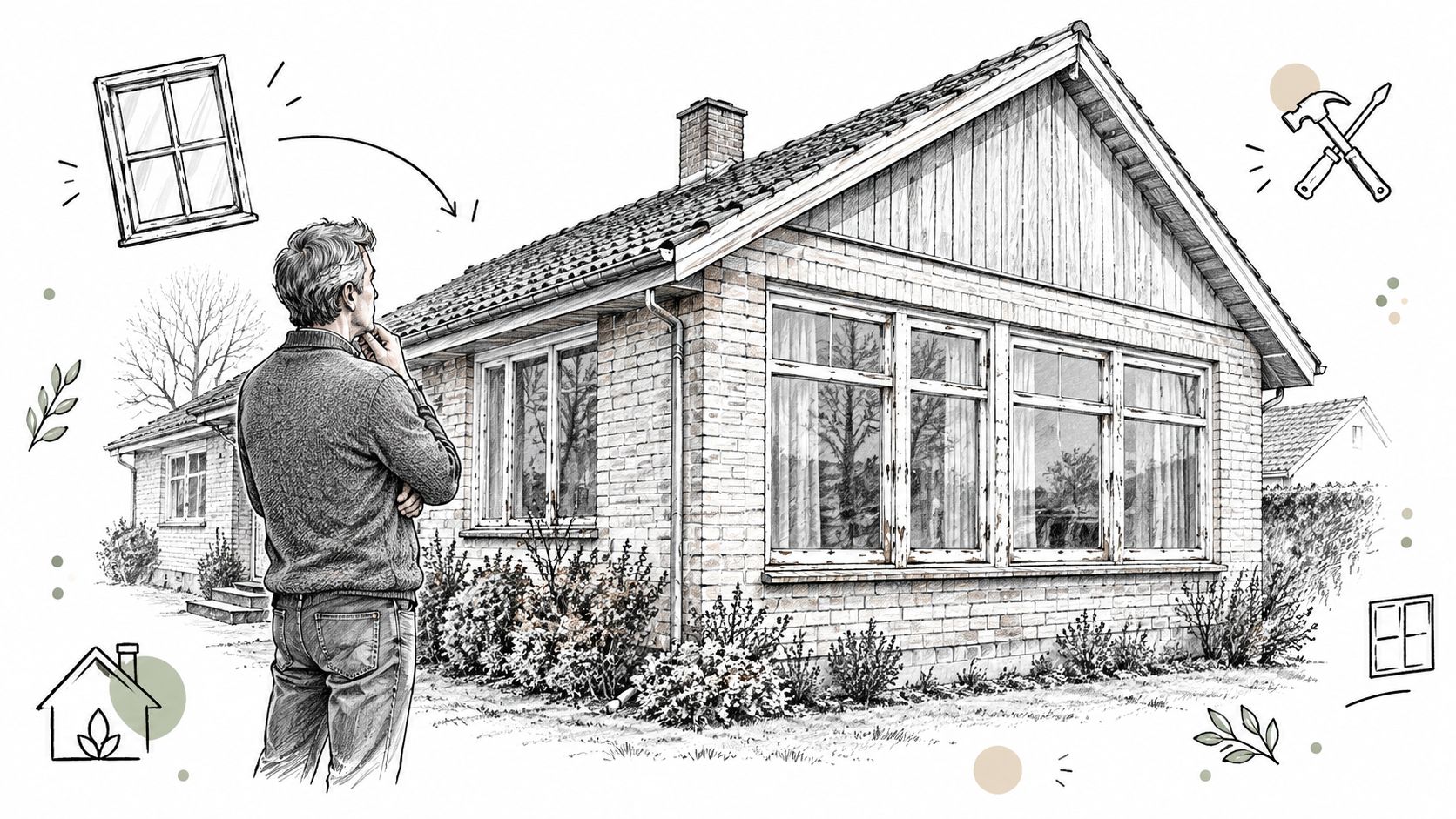 En mand kigger eftertænksomt på sit hus, mens han overvejer udskiftning eller forbedring af husets vinduer.