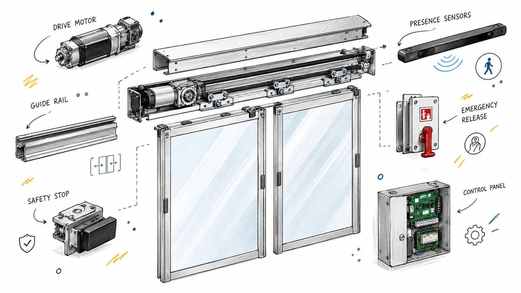 En detaljeret illustration af komponenterne i en automatisk skydedør, herunder motor, sensorer og kontrolpanel.
