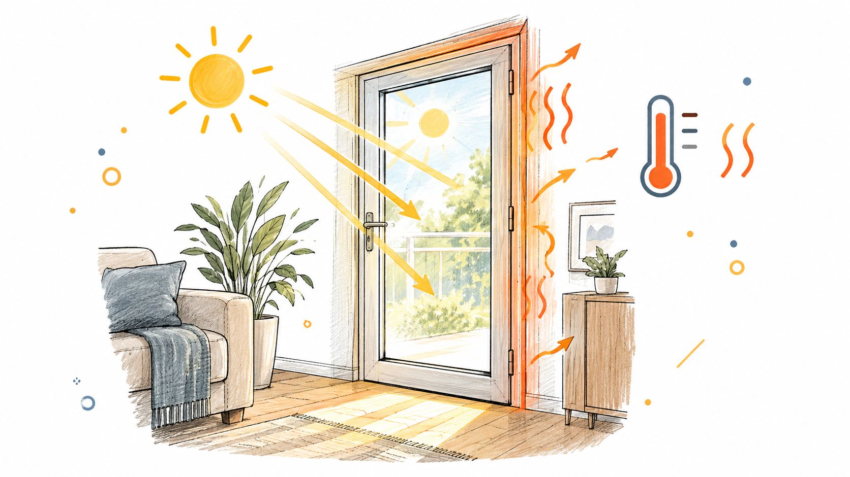 En solskinsdag, hvor solens varme trænger ind gennem en dør med vinduer og opvarmer et stykke interiør.