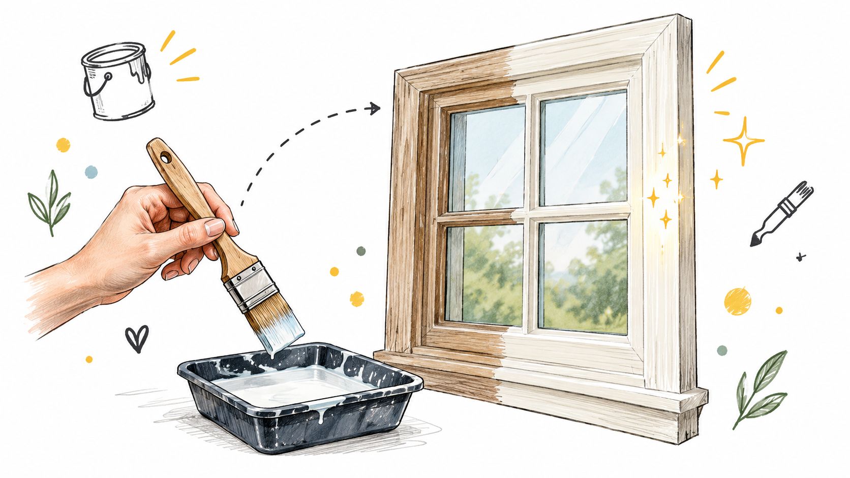 En hånd maler halvdelen af en trævinduesramme hvid med en pensel fra en malerbakke i denne illustration.