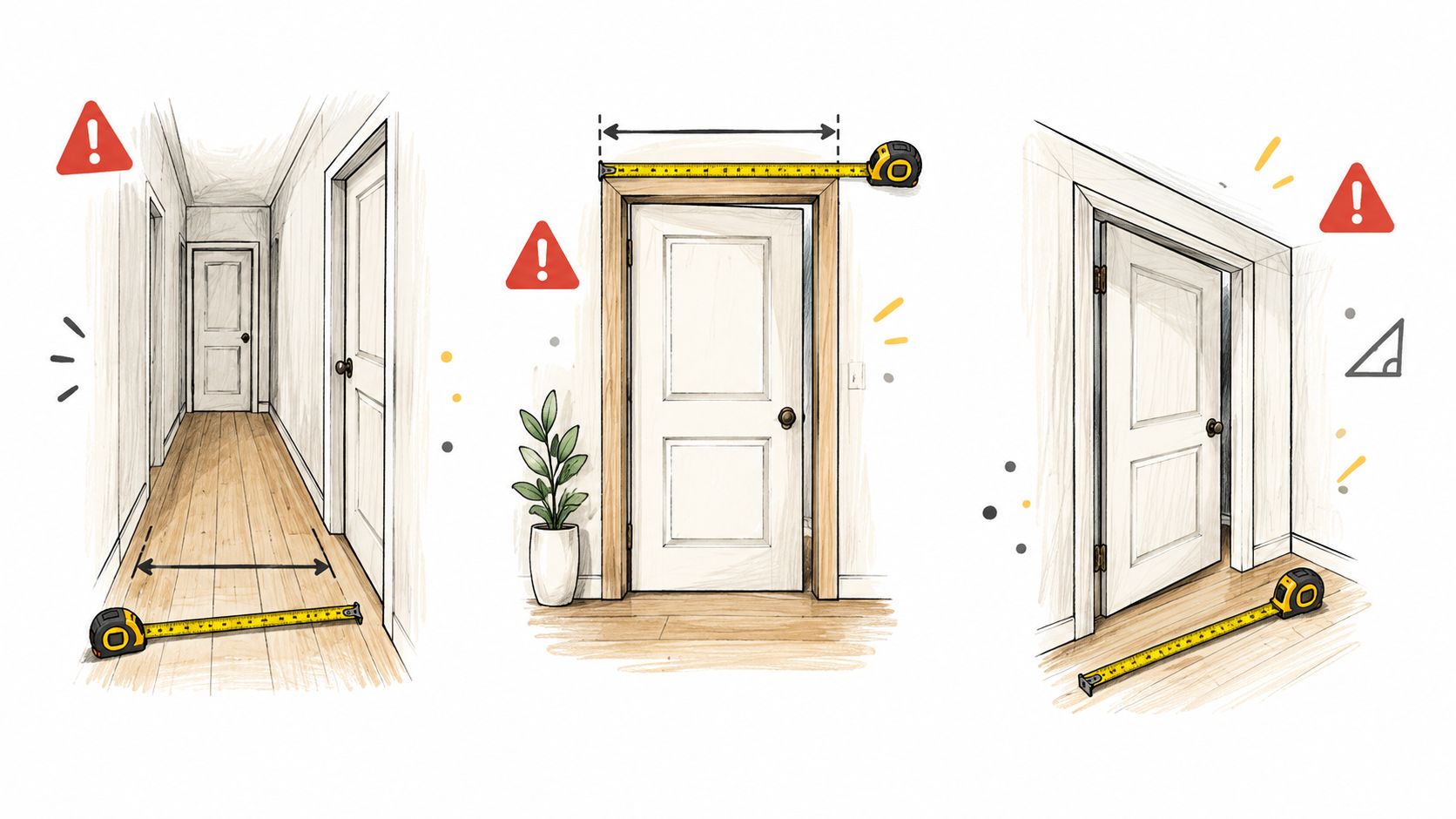 Illustrationer der viser hvordan man måler døråbninger og gangarealer korrekt med et målebånd i et hjem.