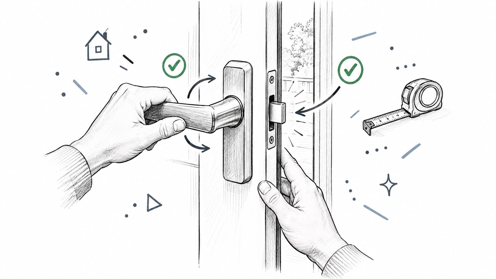 En håndtegnet illustration af en person, der måler og betjener låsen på et håndtag til en terrassedør.