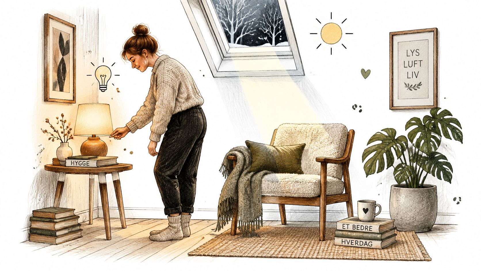 En hyggelig illustration af en kvinde, der tænder en lampe i en stue under den korteste dag.