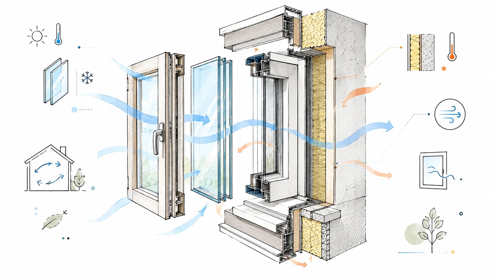 En teknisk illustration af en energieffektiv vindueskonstruktion med isolering og luftcirkulation til moderne boliger.
