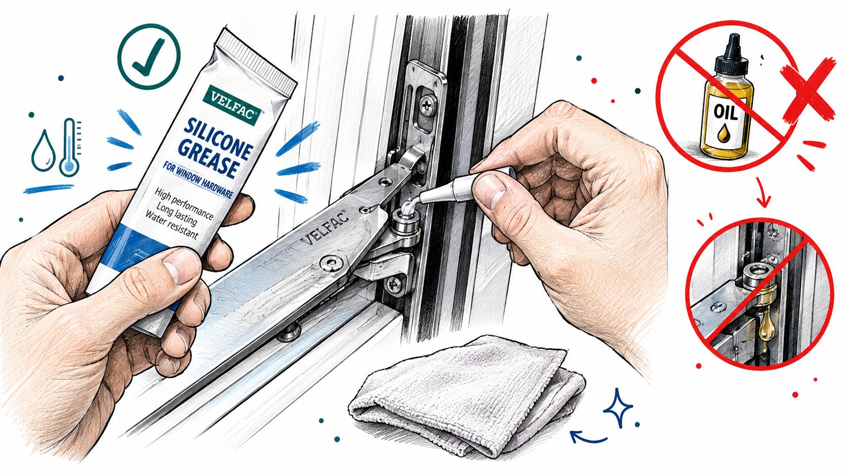 Illustration der viser korrekt vedligeholdelse af VELFAC vindueshængsler ved brug af anbefalet silikonefedt fremfor olie.