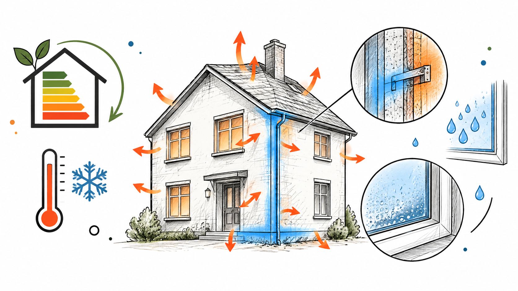 Illustration af et hus med varmetab, fugtproblemer og energieffektivitetsikoner, der viser behov for isolering og tætning.