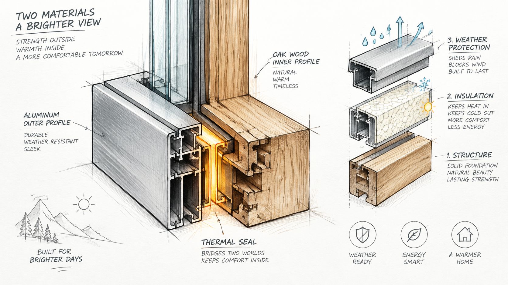 Tværsnit af et moderne træ-alu vindue, der viser isolering, aluminiumsbeklædning og en termisk forsegling for maksimal energieffektivitet.